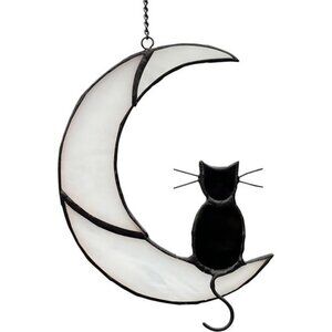 Black Cat on White Moon Stained Glass Window Hanging Suncatcher